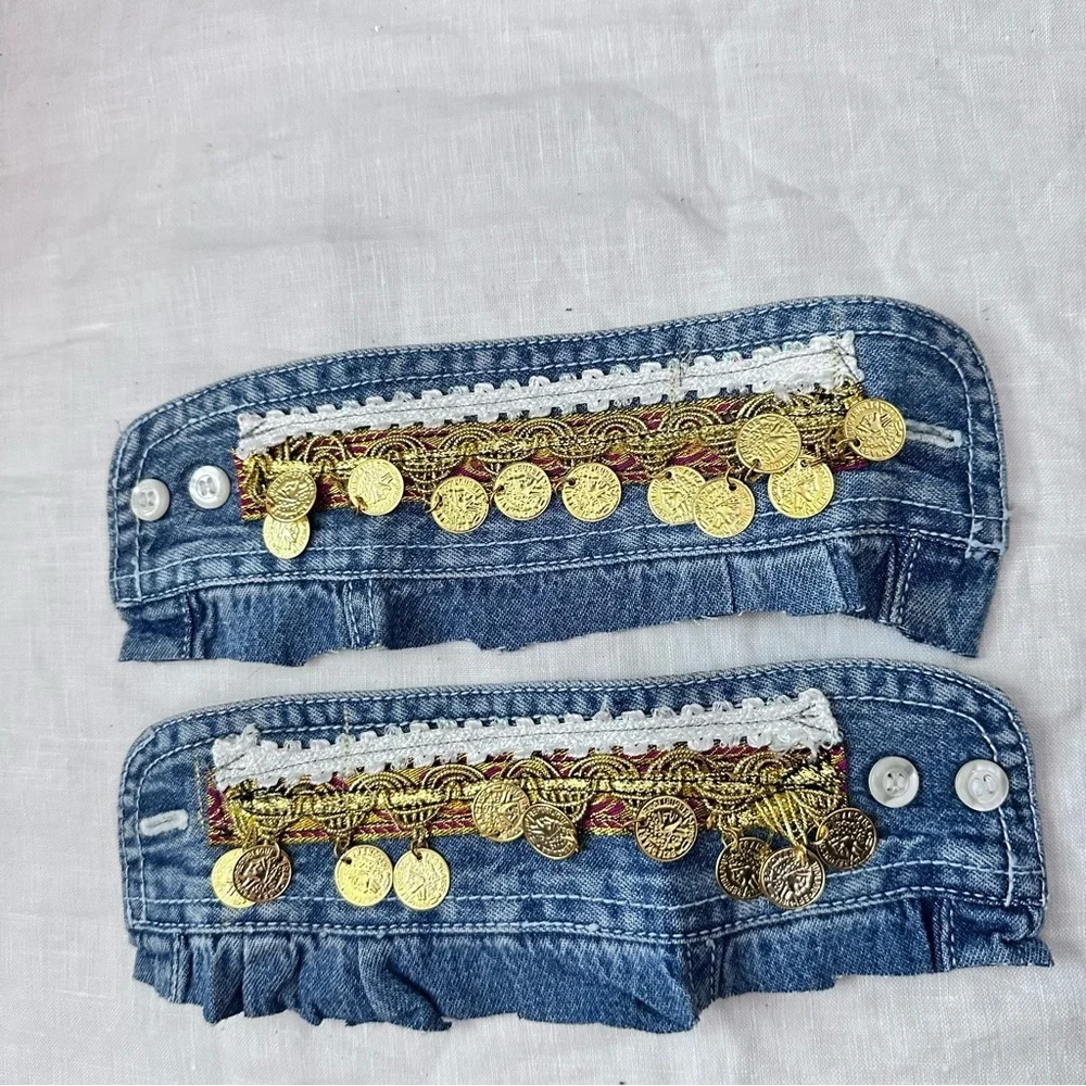RUBYRUDI Artisan Denim Cuff Bracelet Set Shabby Chic Tattered Raw Edge Signed